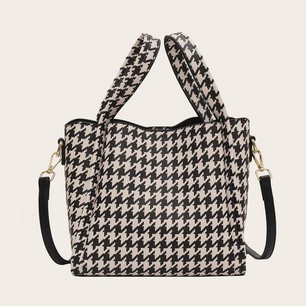 

Houndstooth Pattern Satchel Bag, Black and white