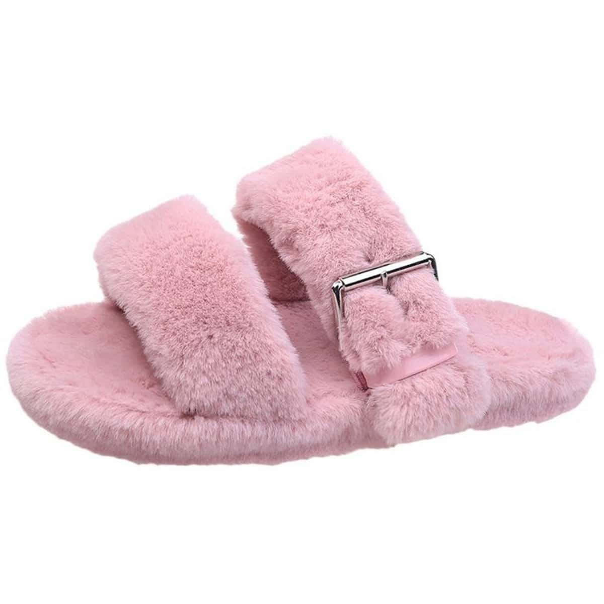 

Buckle Decor Double Band Fluffy Slippers, Baby pink