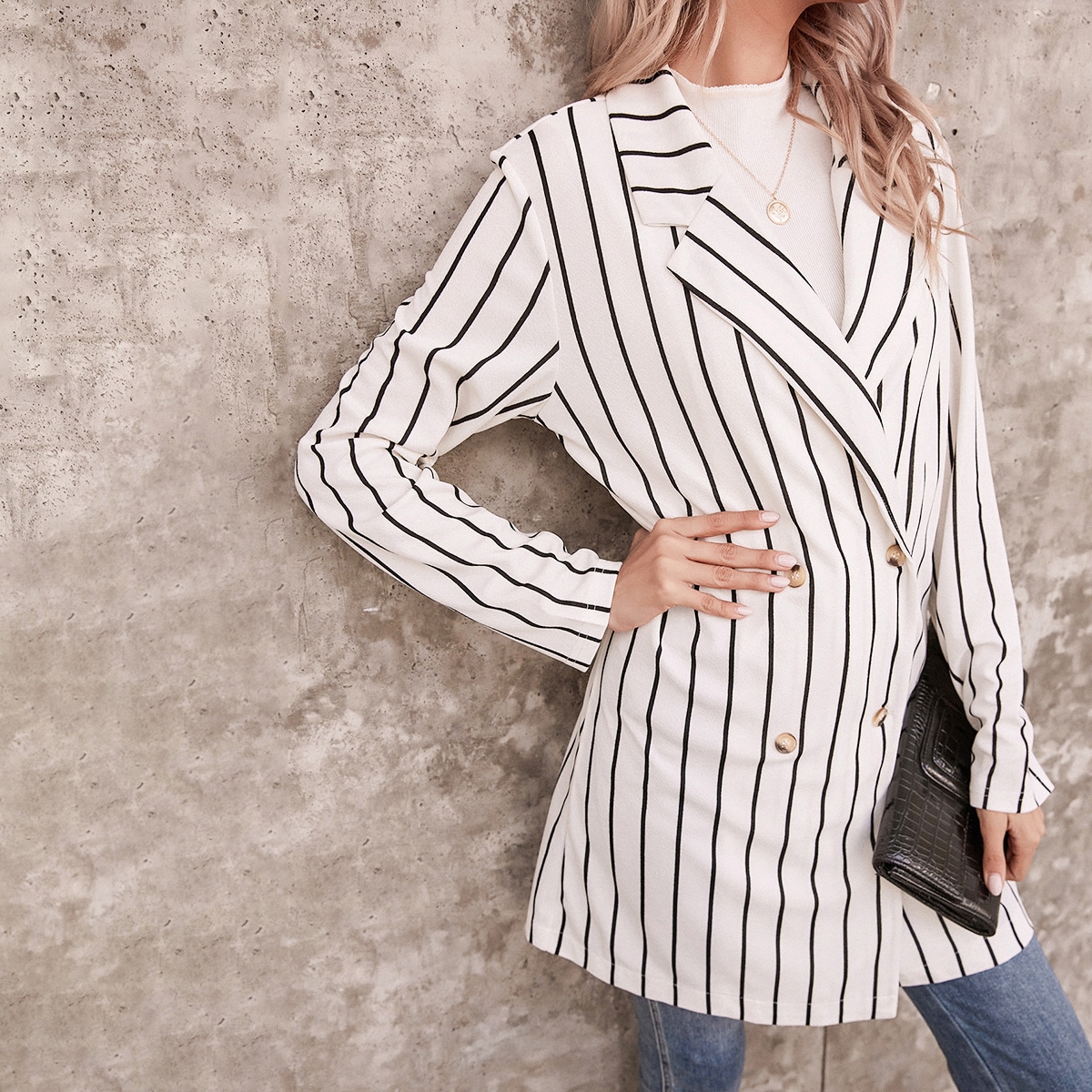 Image of Lapel Collar Striped Pea Coat