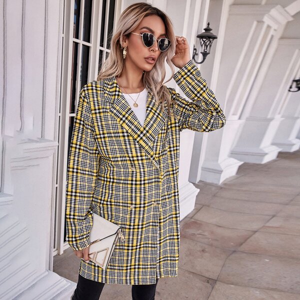 

Lapel Collar Plaid Pea Coat, Multicolor