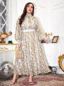 SHEIN 大碼燈籠袖字母圖案閃亮腰帶蛇皮紋圖案連衣裙 - 彩色 - 查看 3