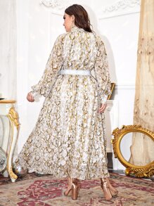 SHEIN 大碼燈籠袖字母圖案閃亮腰帶蛇皮紋圖案連衣裙 - 彩色 - 查看 2