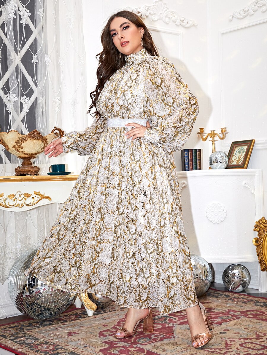 SHEIN 大碼燈籠袖字母圖案閃亮腰帶蛇皮紋圖案連衣裙 - 彩色 - 查看 1