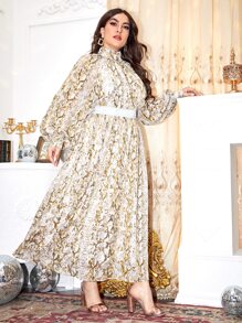 SHEIN 大碼燈籠袖字母圖案閃亮腰帶蛇皮紋圖案連衣裙 - 彩色 - 查看 4