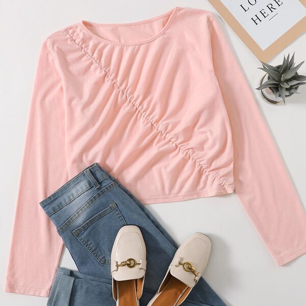 

Plus Solid Ruched Crop Tee, Baby pink