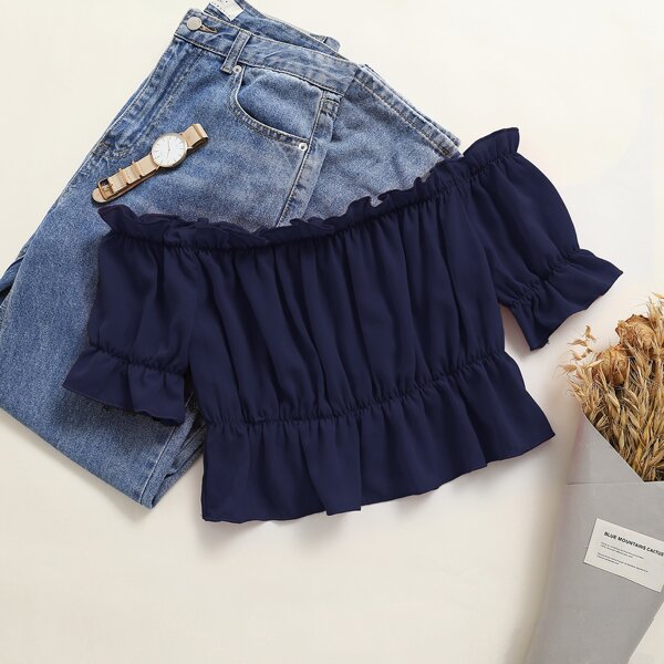 

Flounce Sleeve Frill Trim Bardot Peplum Blouse, Navy blue