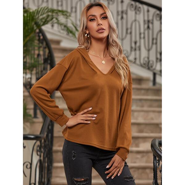 

Drop Shoulder Solid Hoodie, Brown