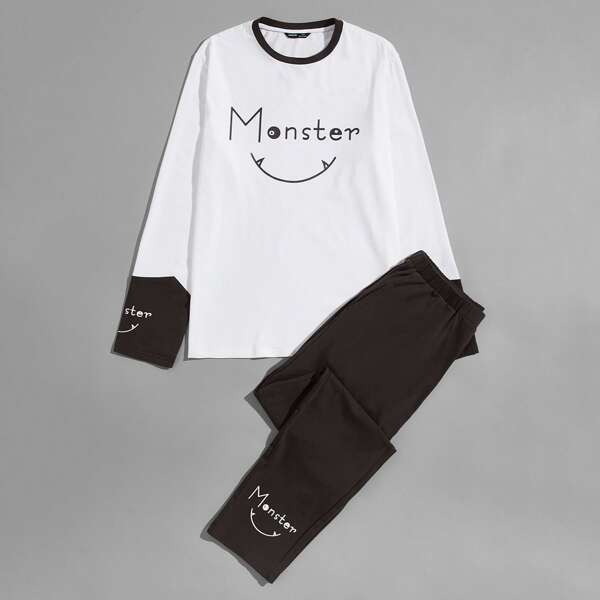 

Men Letter Graphic Contrast Cuff Top & Pants PJ Set, Black and white