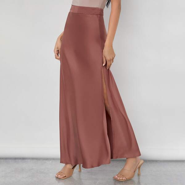 

High Split Side Solid Satin Skirt, Redwood