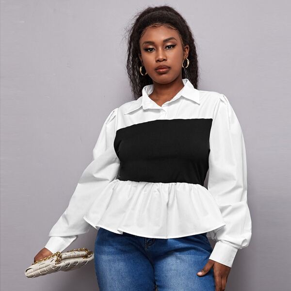 

Plus Contrast Panel Ruffle Hem Peplum Blouse, Black and white