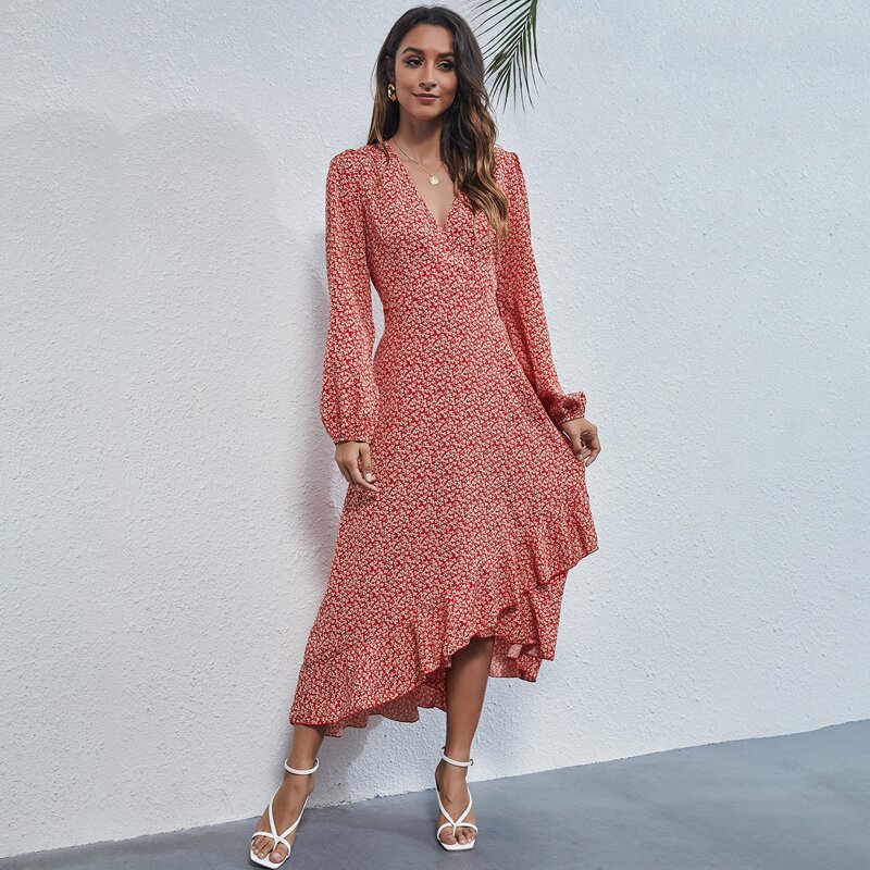 

Ruffle Hem Surplice Front Ditsy Floral Dress, Red