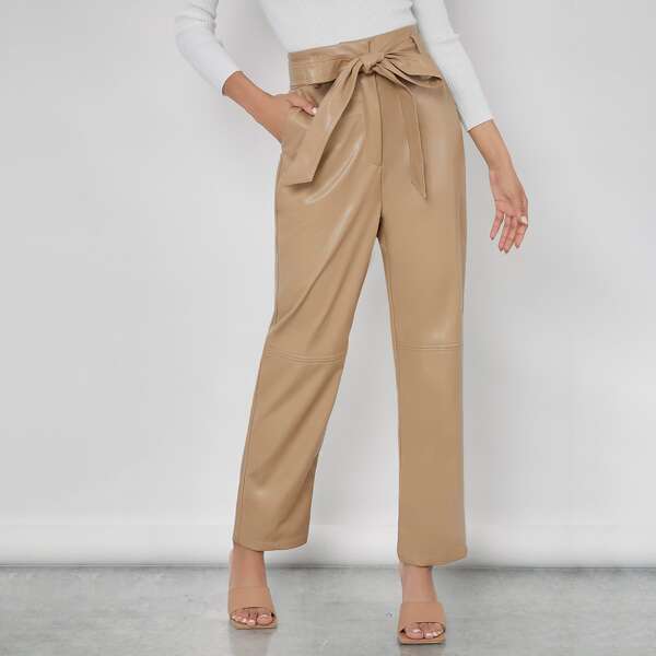 

Slant Pocket Self Belted PU Leather Pants, Khaki
