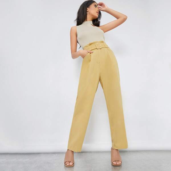 

Paperbag Waist Fold Pleated Front Self Buckle Belted Tailored Pants, Yellow pastel