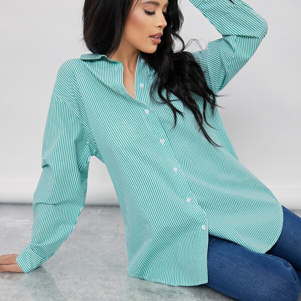 

Drop Shoulder High Low Striped Blouse, Green
