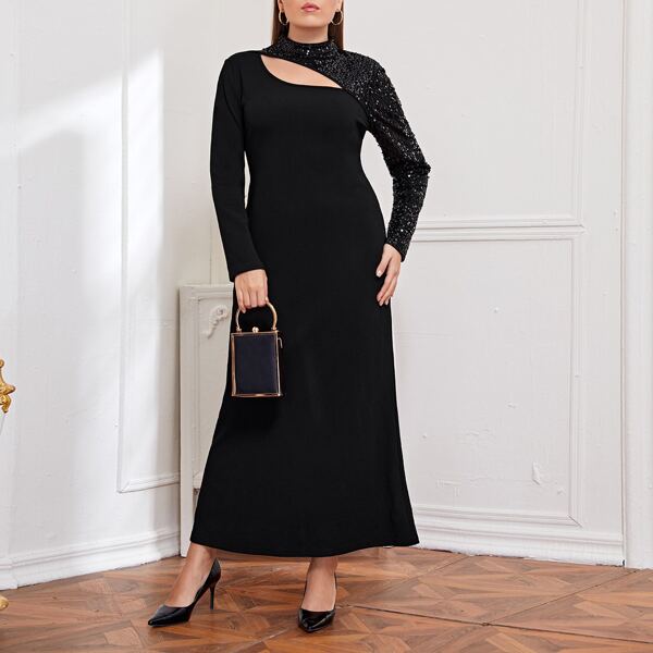 

Plus Cutout Detail Sequin Sleeve Dress, Black