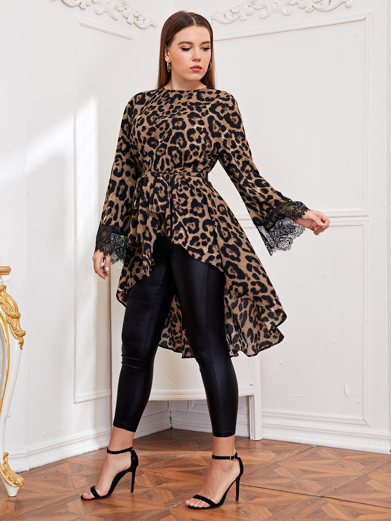 Plus Lace Cuff Self Belted Dip Hem Leopard Top thumbnail