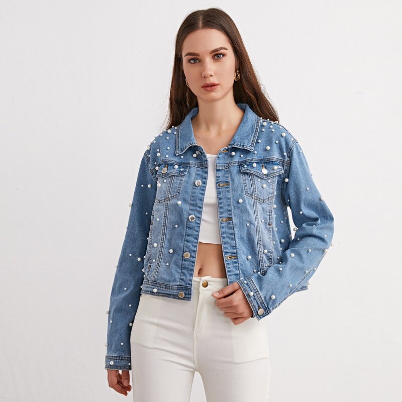 

Button Front Pearls Beaded Denim Jacket, Medium wash