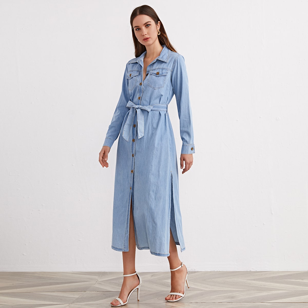 Image of Button Front Flap Pocket Split Side Belted Denim Dress