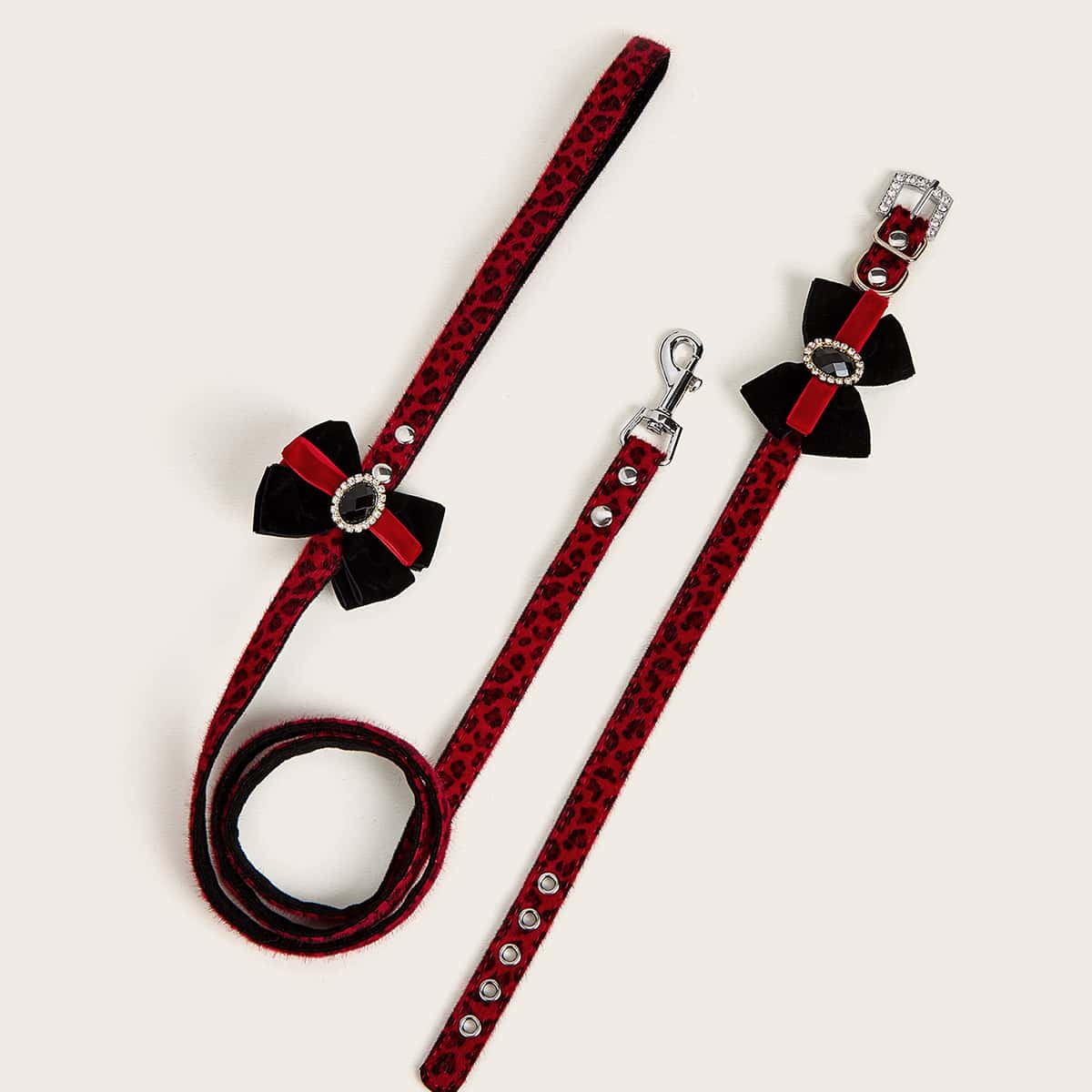 

1pc Leopard Dog Collar & 1pc Dog Leash, Red