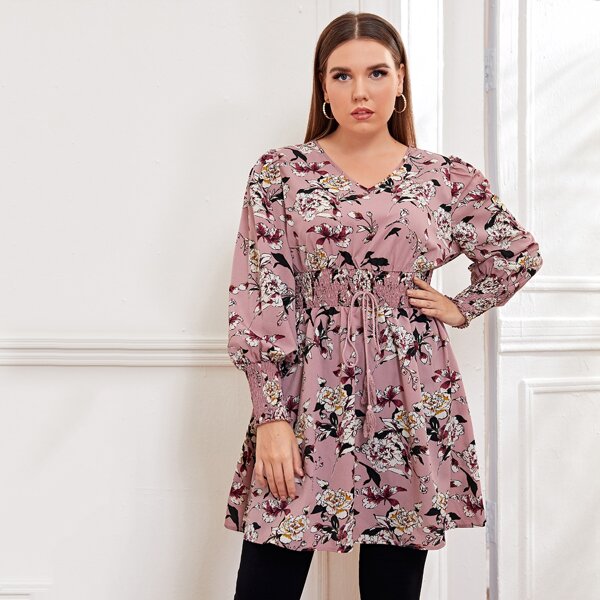 

Plus Shirred Waist and Cuff Knot Front Floral Top, Dusty pink