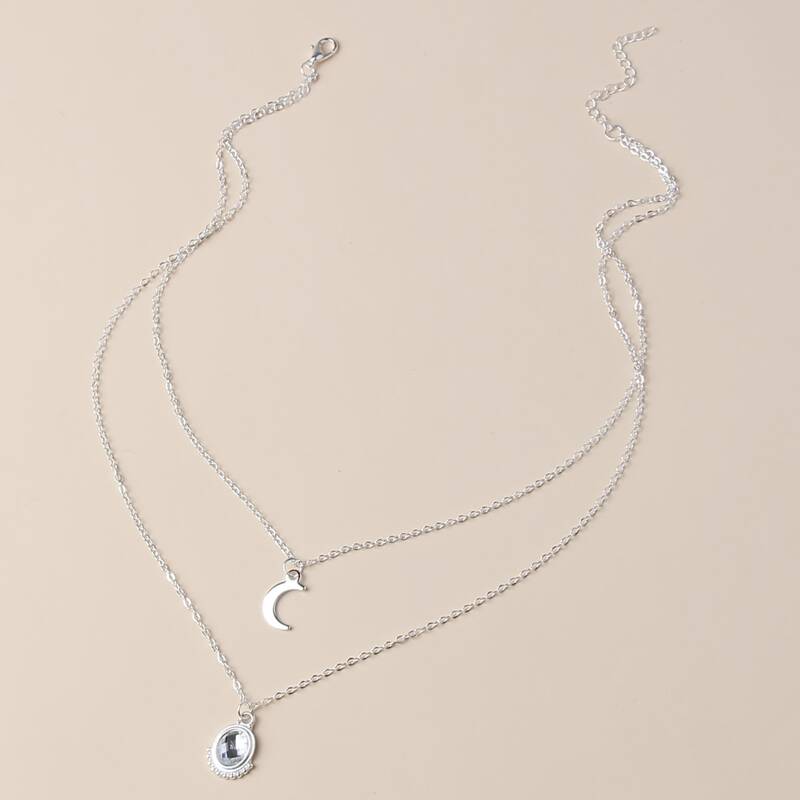 

Rhinestone & Moon Layered Necklace, Silver