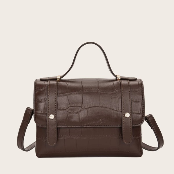 

Croc Embossed Flap Satchel Bag, Brown
