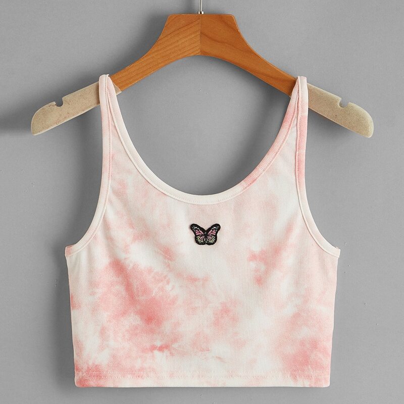 

Butterfly Embroidery Tie Dye Tank, Pink