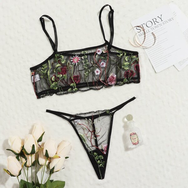 

Floral Embroidered Mesh Lingerie Set, Black