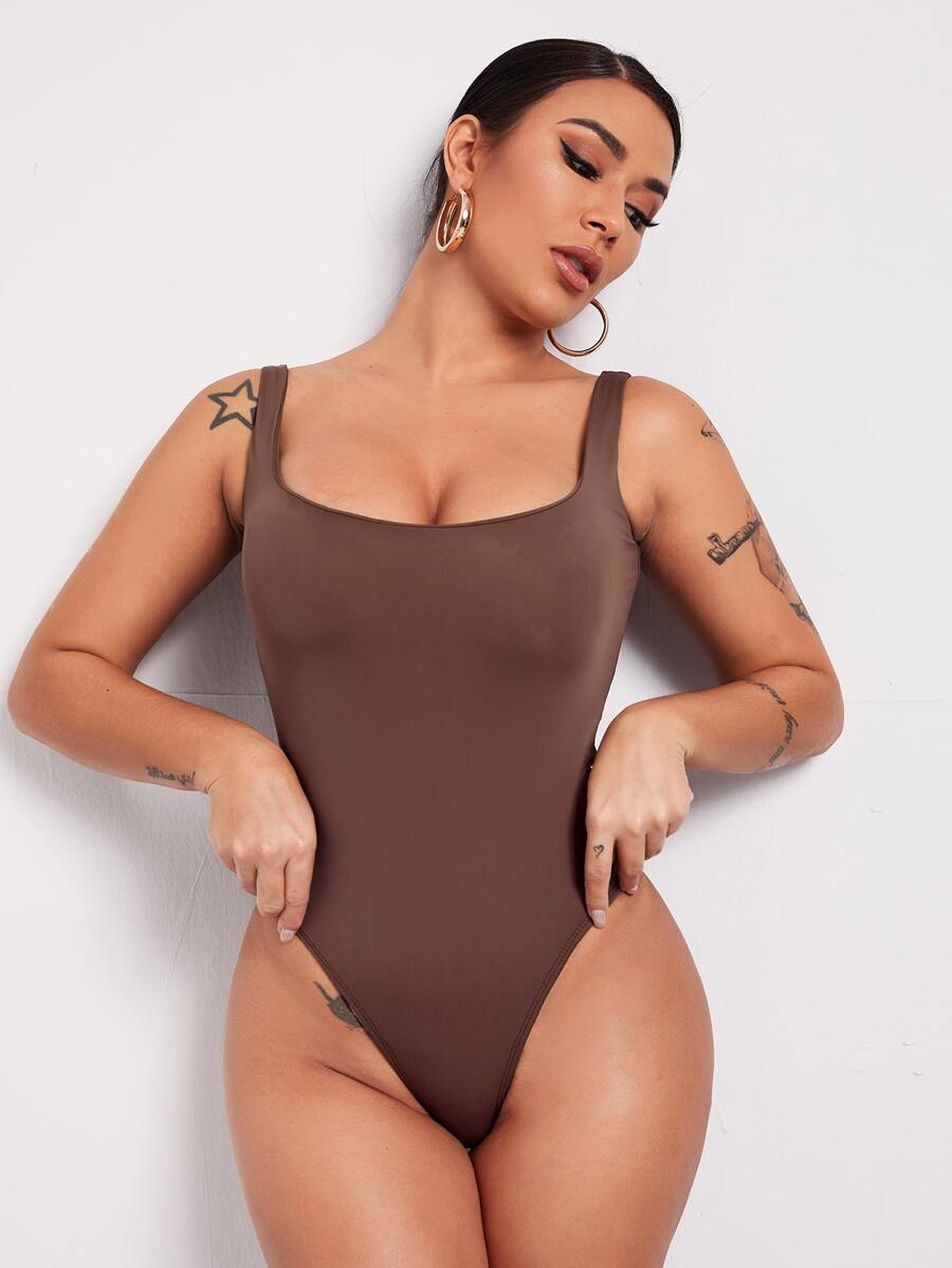 SHEIN BAE 合適合身素色連體衣 - 咖啡棕 - 查看 1