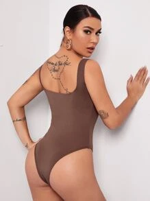 SHEIN BAE 合適合身素色連體衣 - 咖啡棕 - 查看 2