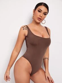 SHEIN BAE 合適合身素色連體衣 - 咖啡棕 - 查看 3