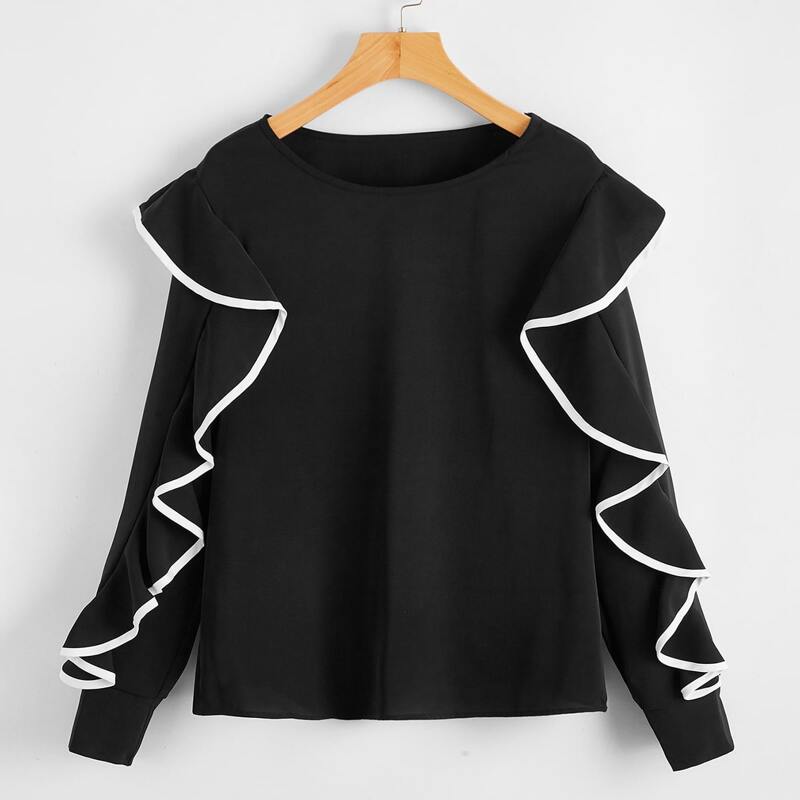 

Contrast Binding Ruffle Trim Blouse, Black
