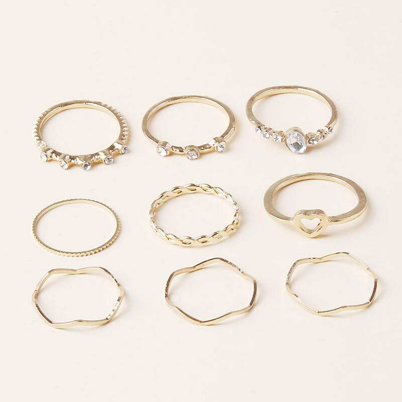 

9pcs Rhinestone Heart Ring, Gold