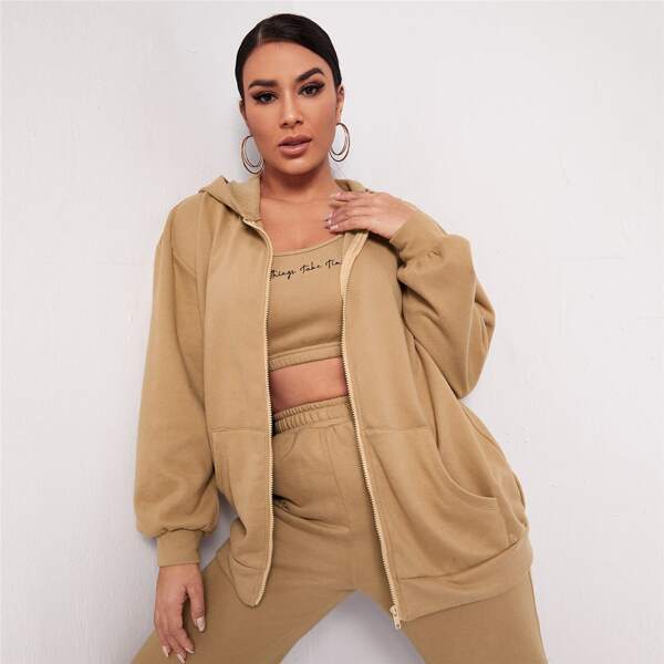 

Drop Shoulder Pocket Front Thermal Zip Up Hoodie, Camel