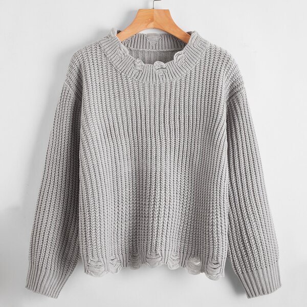 

Drop Shoulder Distressed Sweater, Grey