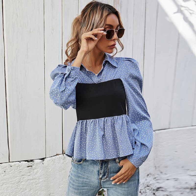 

Polka-dot Print Peplum Top, Blue