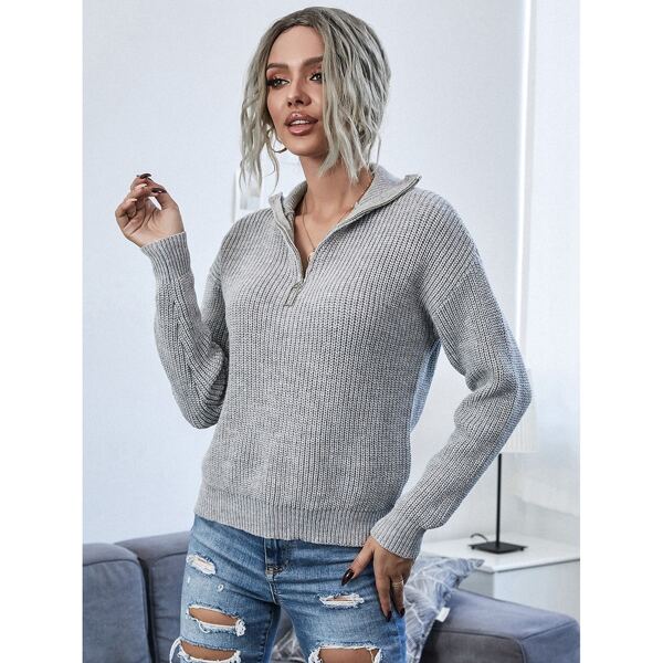 

Ribbed Knit Half Placket Drop Shoulder Sweater, Grey