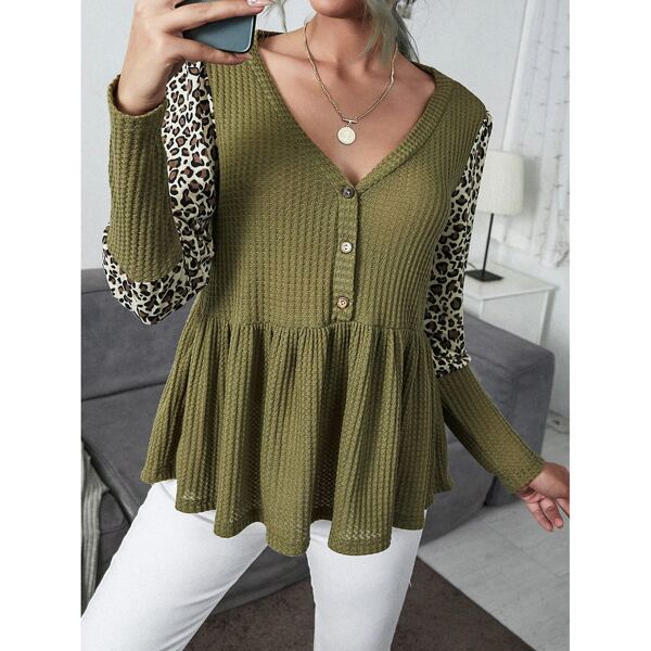 

Leopard Print Waffle Knit Babydoll Tee, Army green