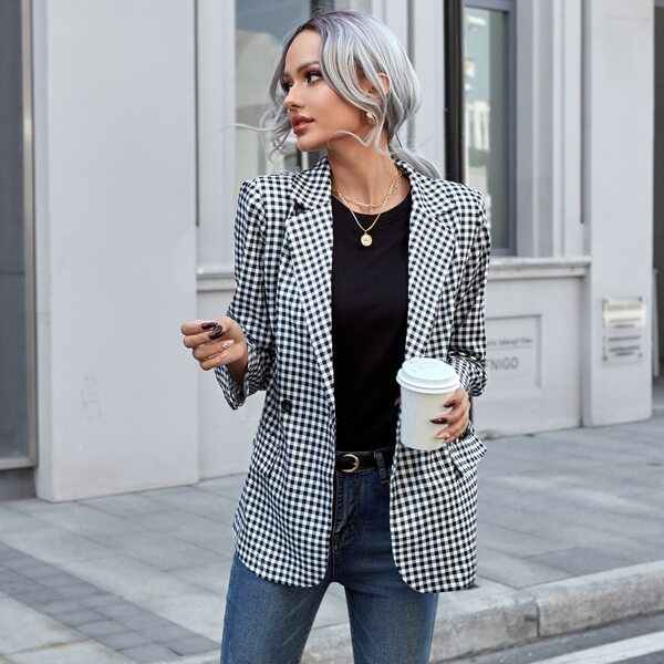

Lapel Neck Gingham Blazer, Black and white