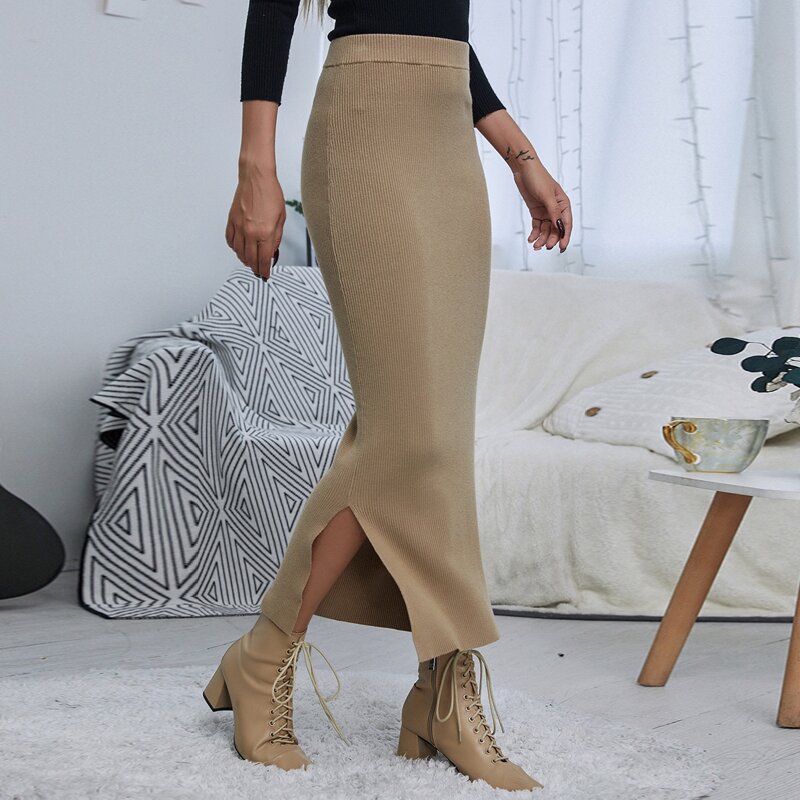 

High Waist Split Hem Sweater Skirt, Khaki