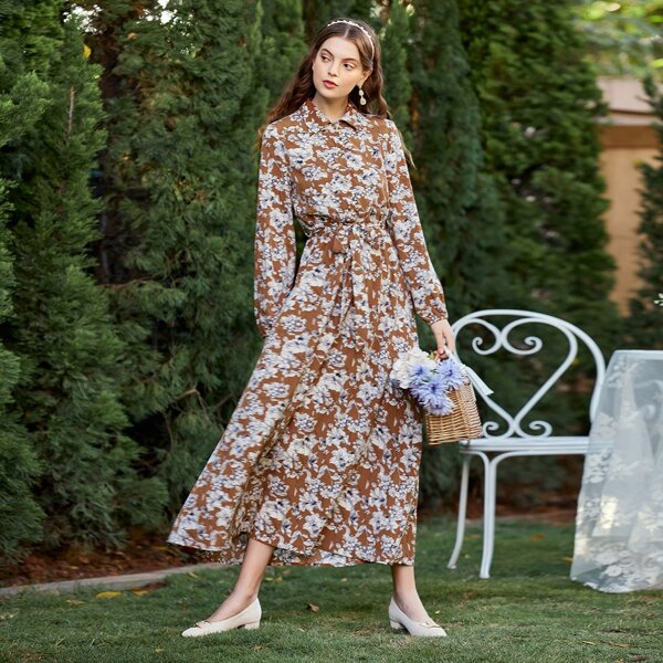 

Allover Floral Belted Shirt Dress, Multicolor