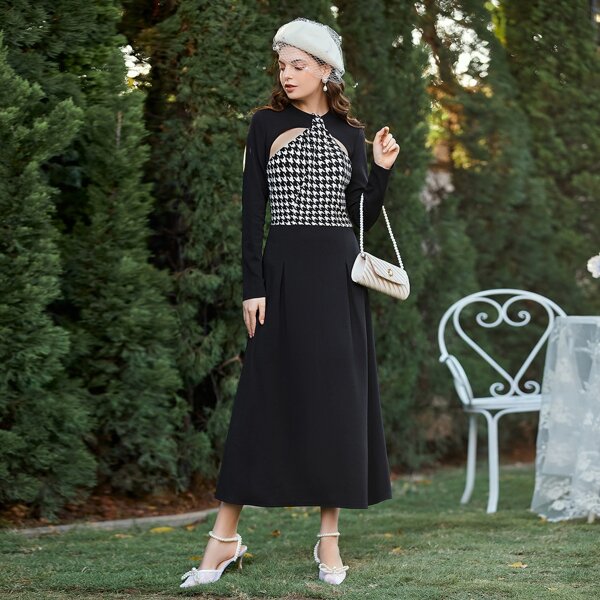 

Contrast Houndstooth Panel Cut Out Front A-line Dress, Black