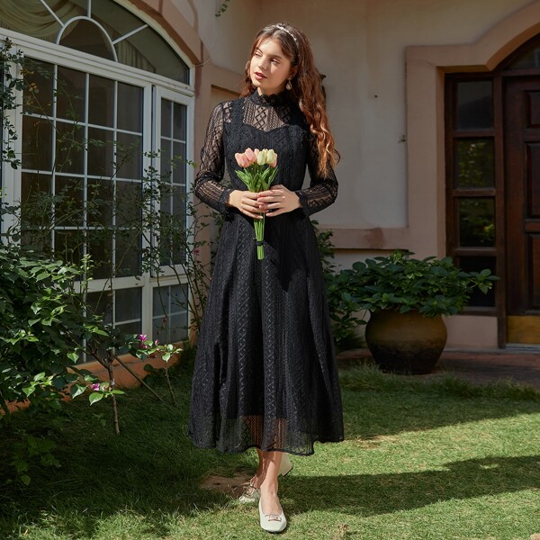

Mock Neck Lace A-line Dress, Black
