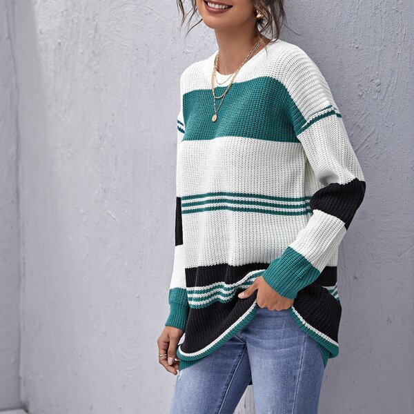 

Drop Shoulder Color Block Longline Sweater, Multicolor