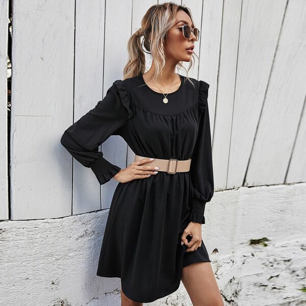 

Solid Ruffle Trim Dress Without Belt, Black