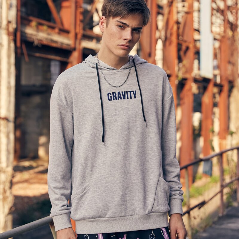 

Guys Letter Graphic Drawstring Hoodie, Grey