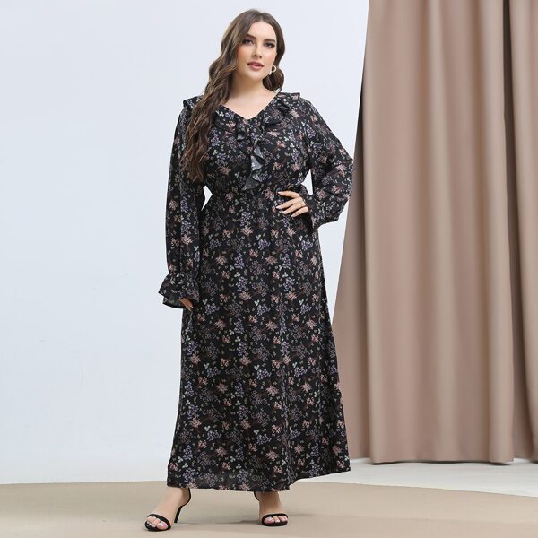 

Plus Floral Print Ruffle Trim A-line Dress, Multicolor