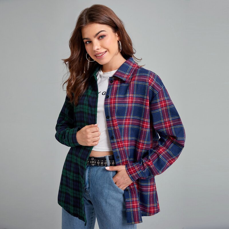 

Tartan Colorblock Button Front Blouse, Multicolor