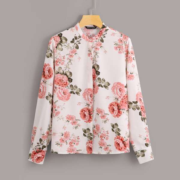 

Flower Print Crew Neck Blouse, Multicolor