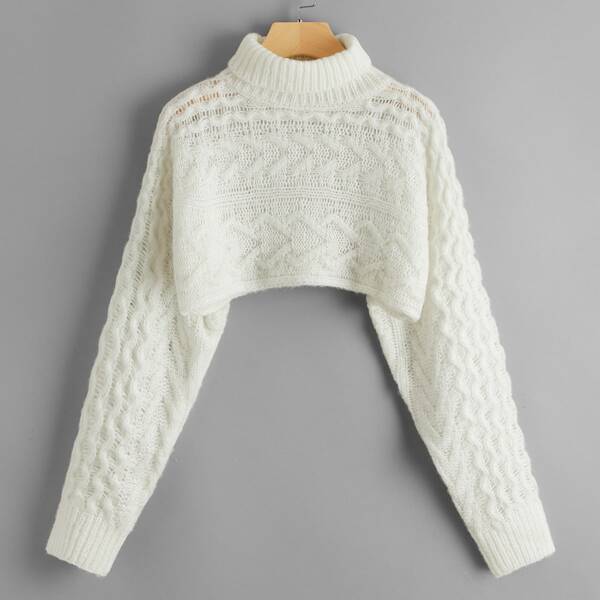 

Turtleneck Batwing Sleeve Cable Knit Crop Sweater, Beige